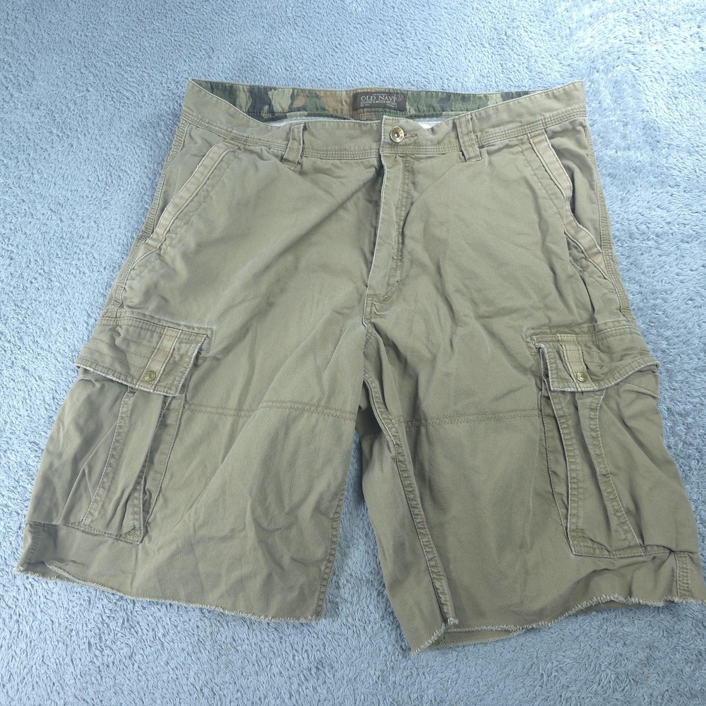 Old Navy Cargo Shorts Mens 36 Beige Raw Hem Cotton Canvas Relaxed Fit Utility